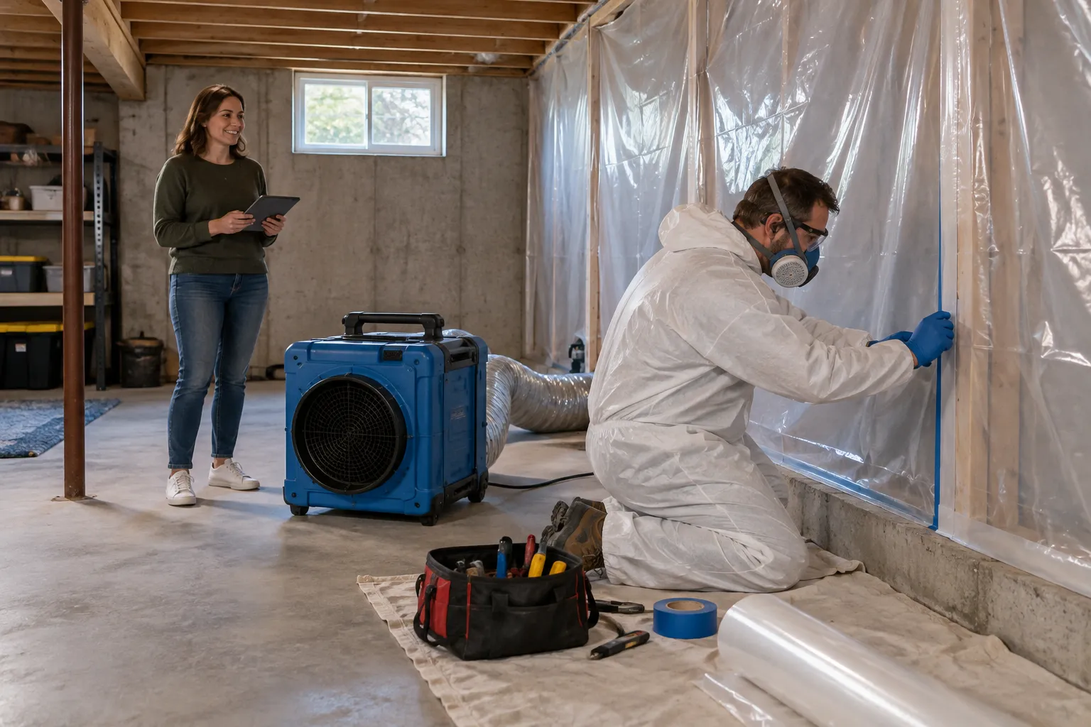 A local provider in protective gear checking a basement wall for dark mold in a home near Salt Lake City