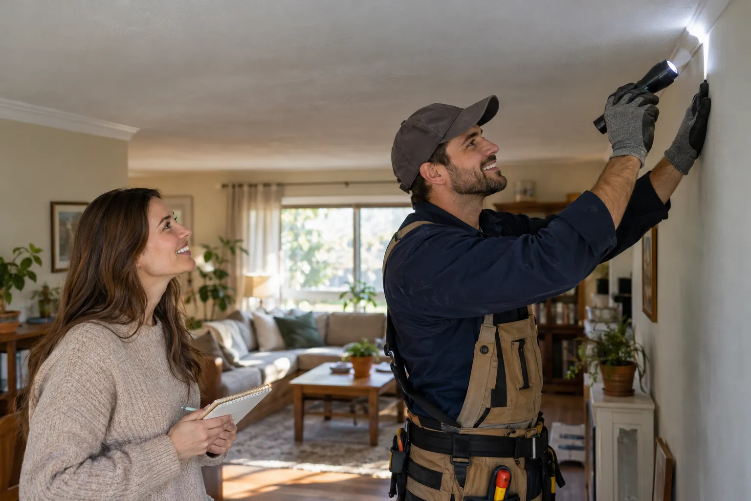 Provider checking a ceiling corner for mold in a home near Salt Lake City