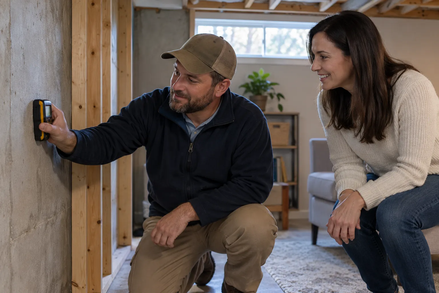 Mold inspection provider checking a basement wall with a moisture meter in a home near Salt Lake City