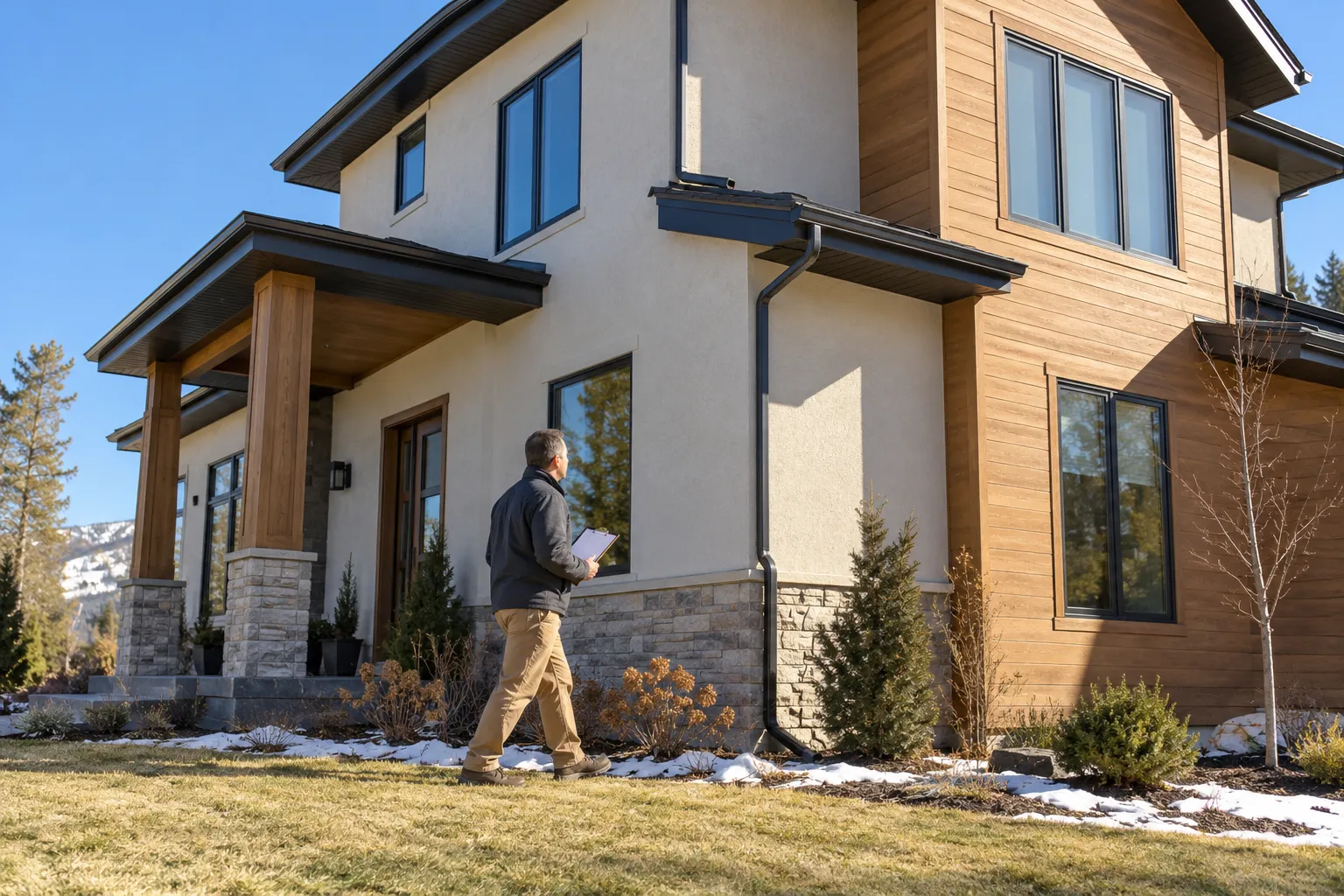 Frame-built home with a stucco and wood exterior in the Salt Lake City area under a bright sky